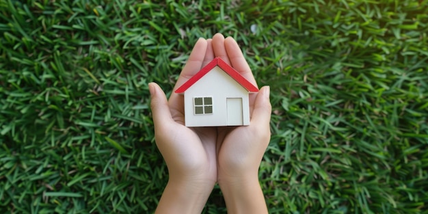 Foto mão segurando pequena casa modelo em vista superior de grama verde