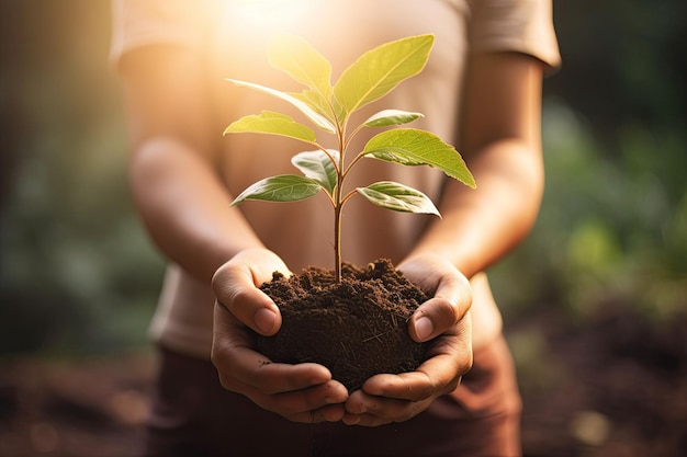 Mão segurando planta jovem com luz solar