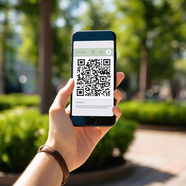 mão segurando smartphone com QR code escanear na tela no parque