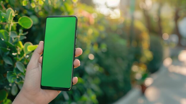 Mão segurando smartphone mostrando tela verde anúncio de aplicativo móvel e entusiasmado