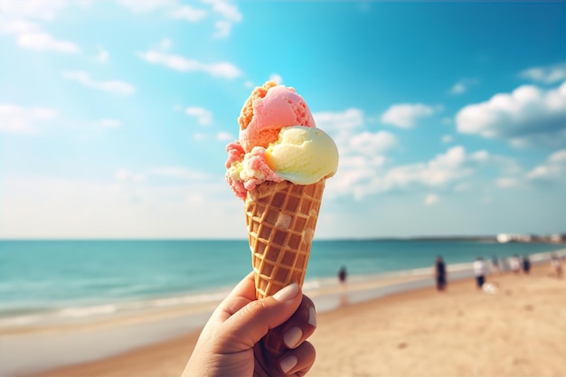 Mão segurando sorvete com fundo de vista para a praia Conceito divertido de verão com um dia ensolarado