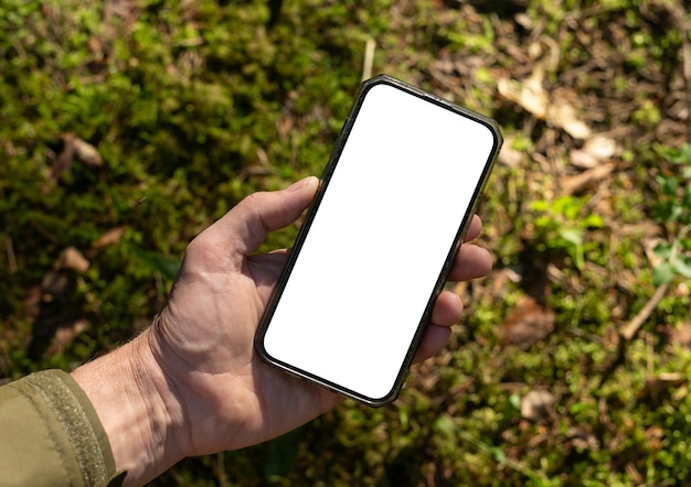 Mão segurando tela branca de telefone móvel na natureza dia ensolarado