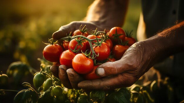 Mão segurando tomates frescos