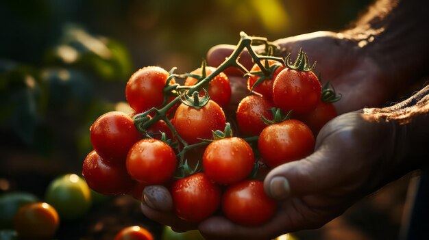 Mão segurando tomates frescos