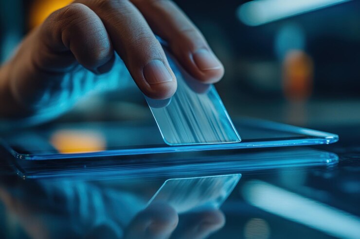 Foto mão segurando um cartão sobre uma tela de tablet