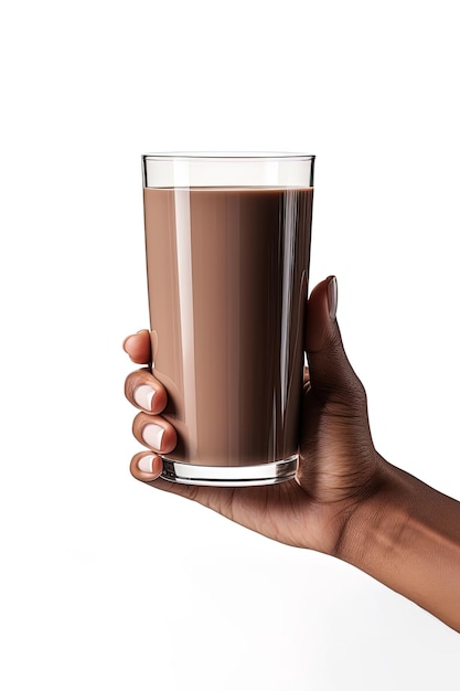 Mão segurando um copo de leite com chocolate delicioso isolado no fundo branco com espaço de cópia
