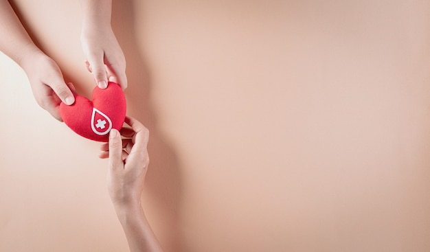 Mão segurando um coração vermelho feito à mão com uma placa ou símbolo de doação de sangue