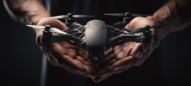 Foto mão segurando um drone preto com hélices no estilo de realismo com foco suave