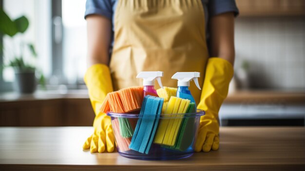 Mão segurando um esfregão com produtos de limpeza