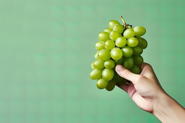 Mão segurando um feixe de uvas verdes isolado em fundo verde com espaço de cópia