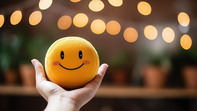 Mão segurando um macarrão amarelo com um rosto sorridente