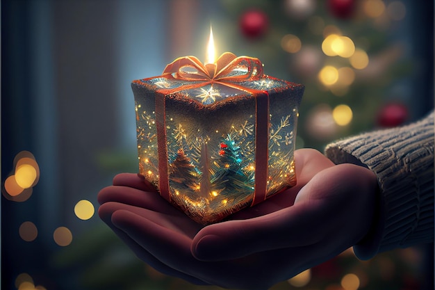 Mão segurando um presente Há uma árvore de Natal decorada ao fundo com luzes