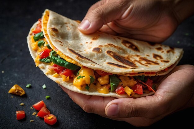 Mão segurando um quesad recém-cozido