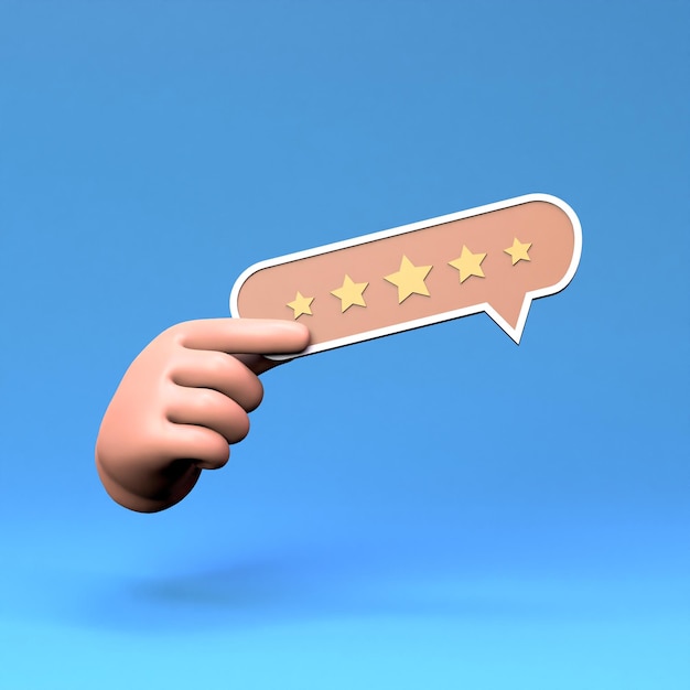 Mão segurando um sinal de bolha com cinco estrelas de classificação 3D render ilustração