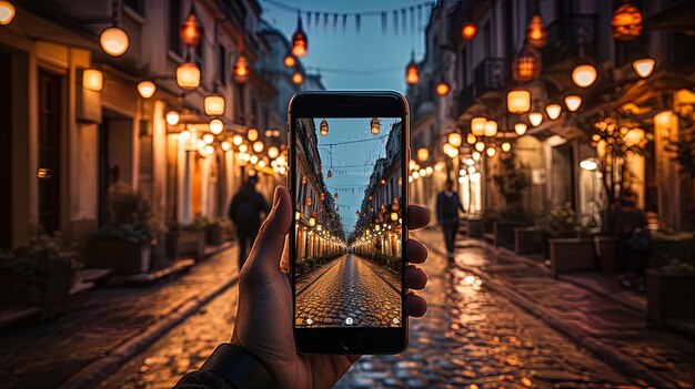 Mão segurando um smartphone e tirando uma foto em uma bela rua com lanternas penduradas