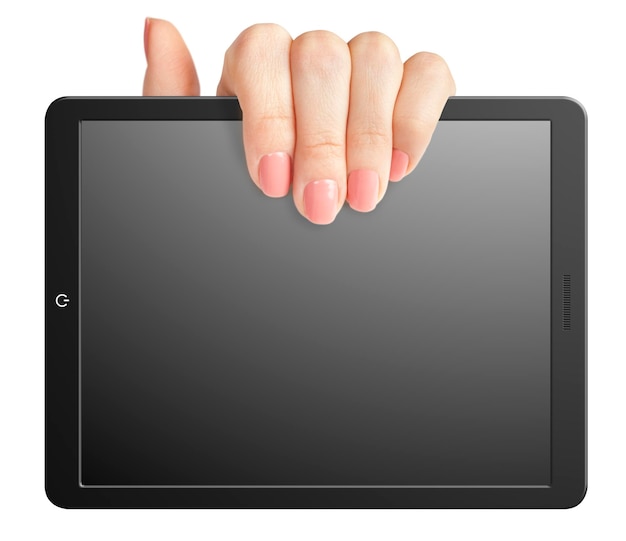 Foto mão segurando um tablet em branco em um fundo branco