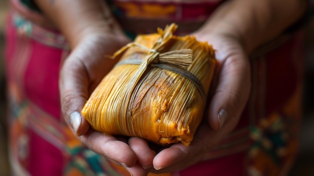 Mão segurando um Tamale mexicano