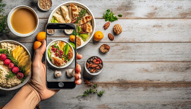 Foto mão segurando um telefone e tirando uma foto de comida