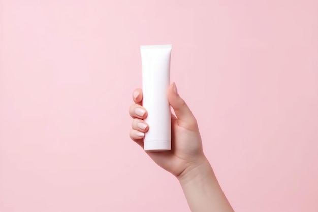 Mão segurando um tubo de creme branco isolado em fundo rosa pastel limpo IA generativa