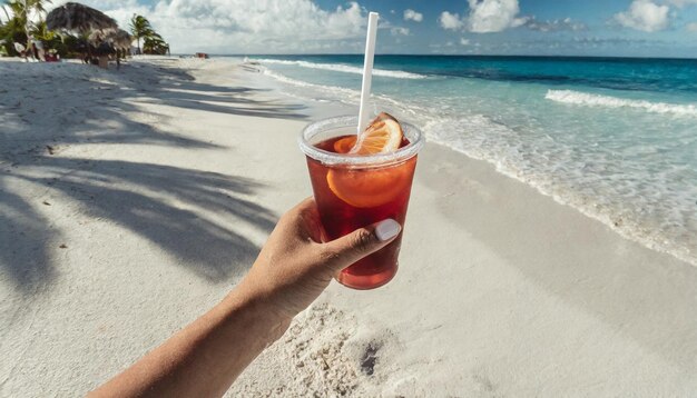 Foto mão segurando uma bebida na paradisíaca praia do caribe