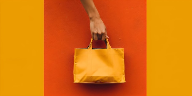 Foto mão segurando uma bolsa de couro em um fundo amarelo