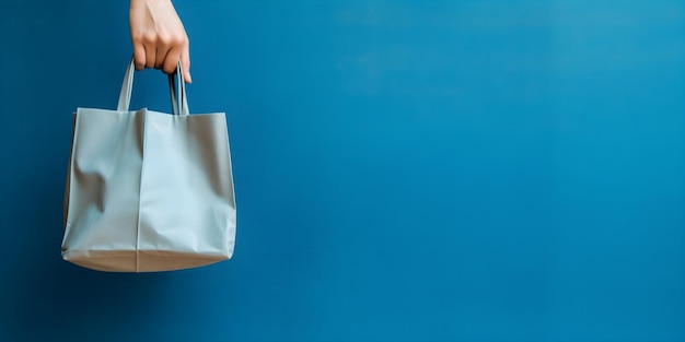 Mão segurando uma bolsa de couro em um fundo azul