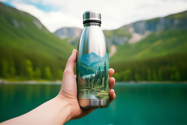 Mão segurando uma garrafa de água térmica reutilizável com a natureza ao fundo