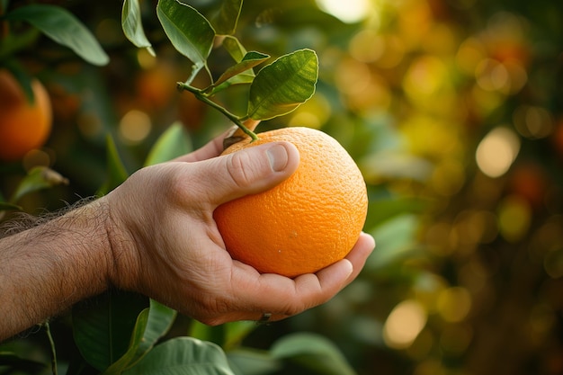 Mão segurando uma laranja