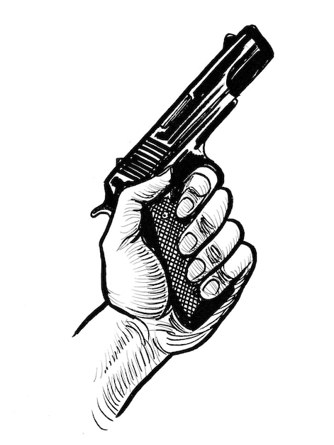 Mão segurando uma pistola. Desenho de tinta preto e branco