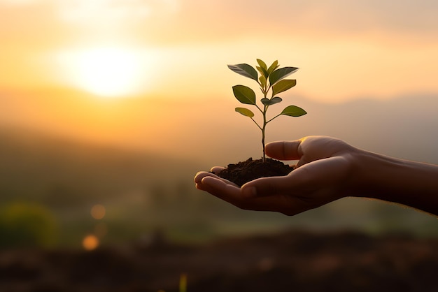 mão segurando uma planta jovem no pôr do sol