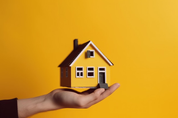 Mão segurando uma propriedade de casa e conceito de investimento ilustração digital de fundo amarelo AI