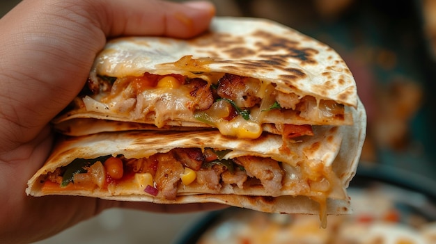 Mão segurando uma quesadilla mexicana