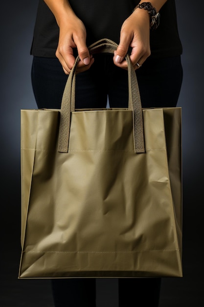 Foto mão segurando uma sacola na frente de um fundo cinza