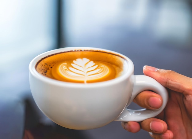 Mão segurando uma xícara de café com leite Dia internacional do café
