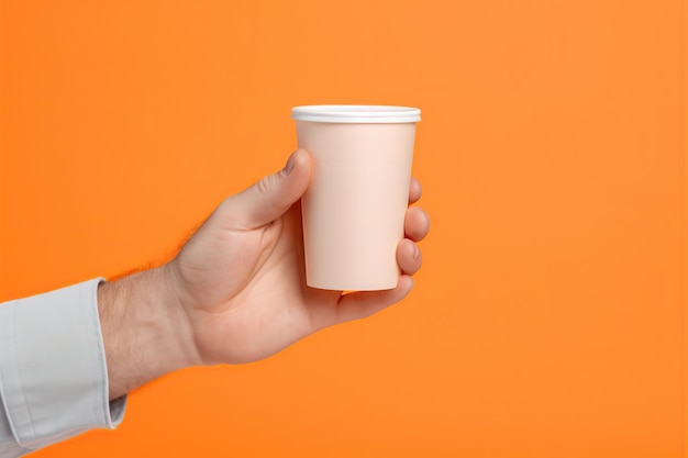 Mão segurando uma xícara de café em branco para levar, simulando estilo AI gerado
