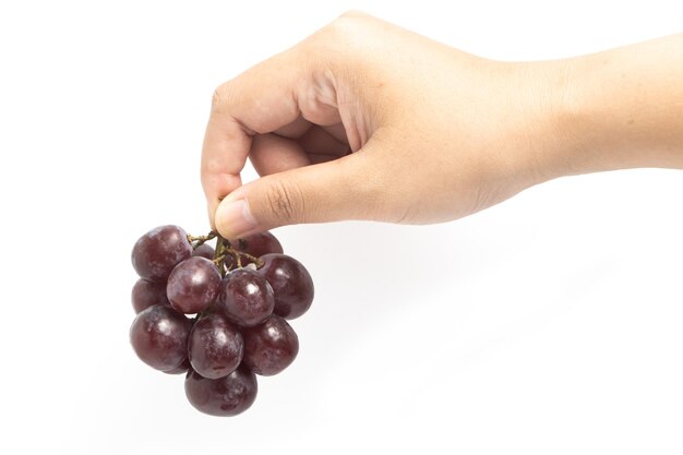 Mão segurando uvas vermelhas orgânicas frescas deliciosas frutas isoladas no traçado de recorte de fundo branco