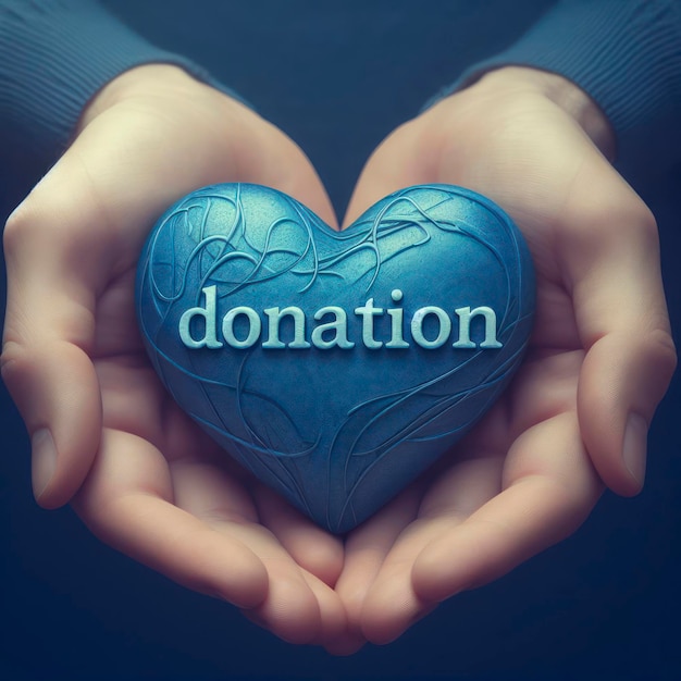 Foto mão segurar coração azul com doação palavra ai generativa