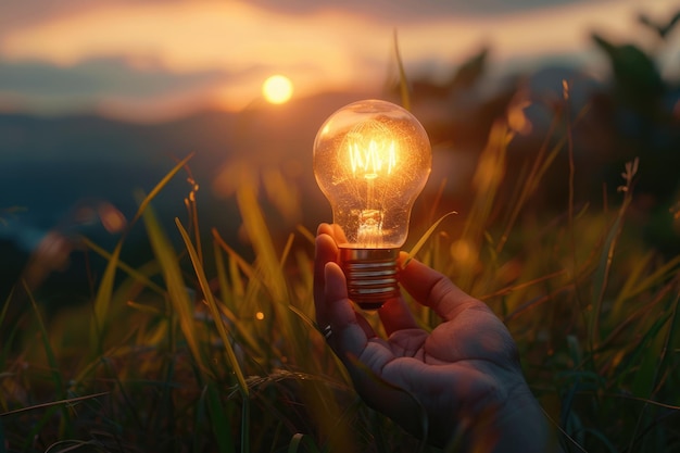 mão segurar lâmpada de luz na grama com o pôr do sol energia conceito de energia natureza