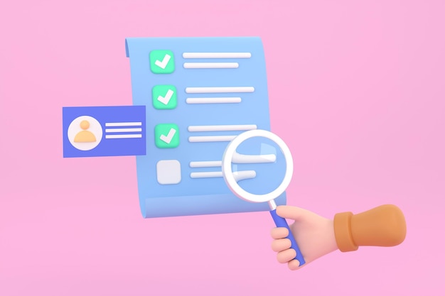 Mão segure a lupa com a lista de verificação do cartão de identificação pessoal de recrutamento de recursos humanos procura de emprego