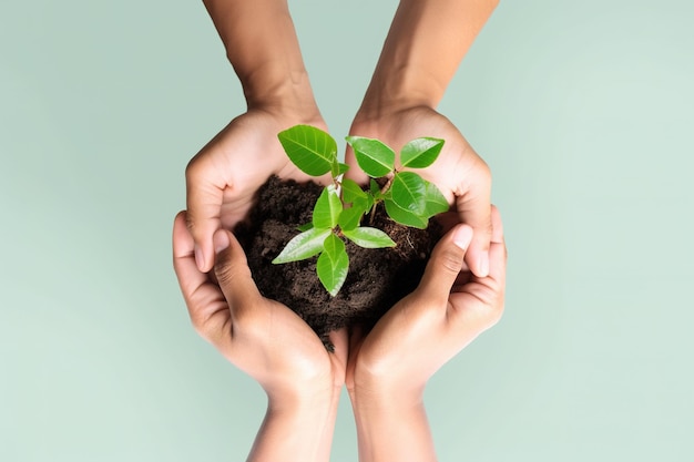 Mão segure a planta, salve a campanha ambiental isolada em fundo pastel verde