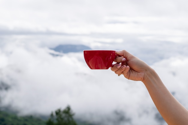 Mão segure a xícara de café e café do sol da manhã