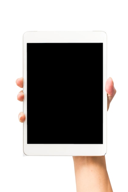 Mão segure o tablet digital em branco isolado no fundo branco