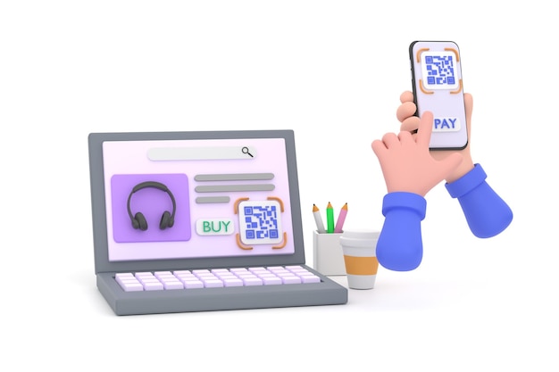Mão smartphone para fazer o pagamento da carteira móvel via QR code digitalizando a fatura digital do computador