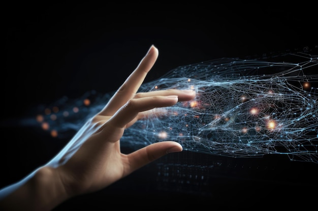 Mão tocando a rede de dados digitais Comunicação com inteligência artificial Generative AI