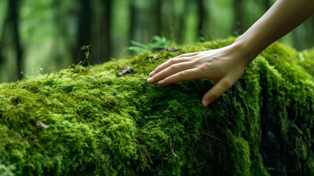 mão tocando musgo verde com desfoque de fundo natural verde