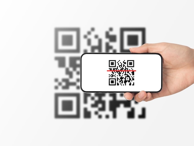 Mão usando a digitalização do smartphone móvel Código QR Leitor de código de barras Pagamento de código QR Tecnologia sem dinheiro Conceito de dinheiro digital