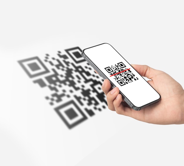 Mão usando a digitalização do smartphone móvel Código QR Leitor de código de barras Pagamento de código QR Tecnologia sem dinheiro Conceito de dinheiro digital