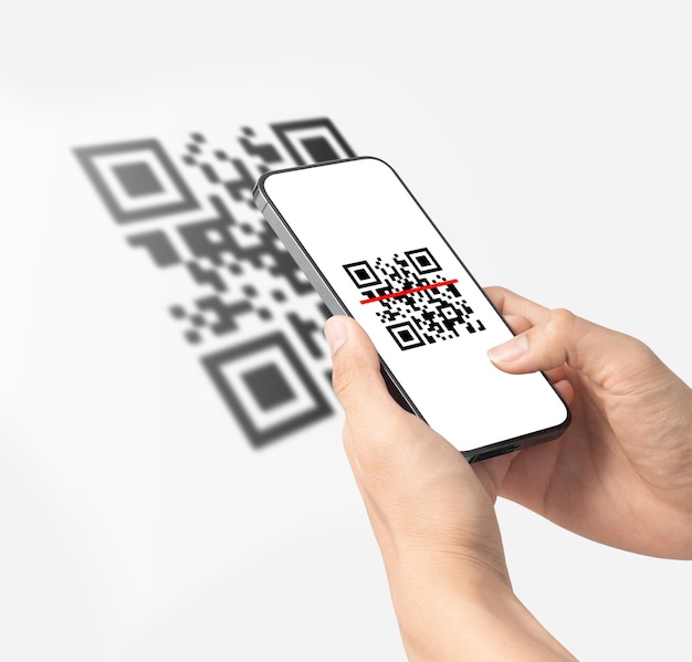 Mão usando a digitalização do smartphone móvel Código QR Leitor de código de barras Pagamento de código QR Tecnologia sem dinheiro Conceito de dinheiro digital