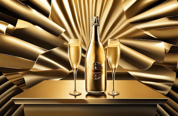 Mãos 3D segurando vinho champanhe e copos com fundo de padrão de luxo Celebração Espaço de cópia