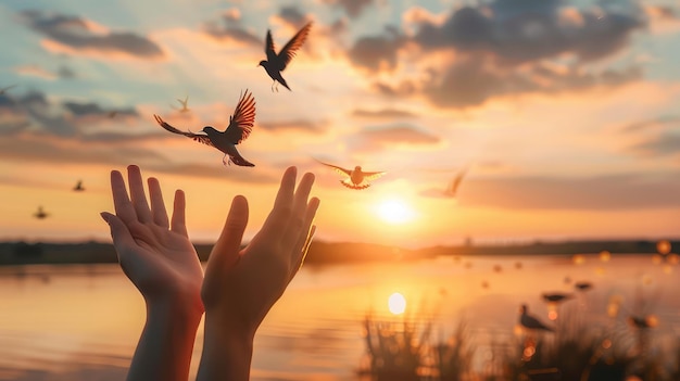 Mãos abertas palma para cima adoração com pássaros voando sobre água calma fundo pôr do sol conceito de orar por bênção de Deus
